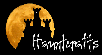 Hauntcrafts Logo: In front of a full moon stands a dark castle on a hill.