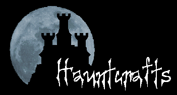 Hauntcrafts Logo: In front of a full moon stands a dark castle on a hill.